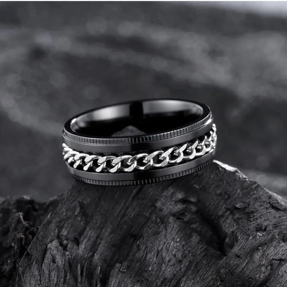 Men's Black and Silver Chain Ring
